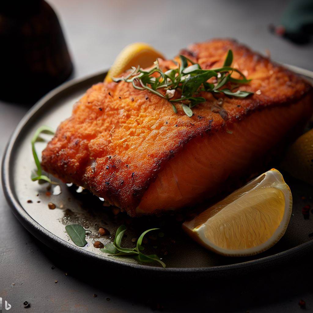 air fried salmon on a plate with garnish