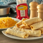 Delimex Chicken & Cheese Large Flour Taquitos Frozen Snacks on a plate